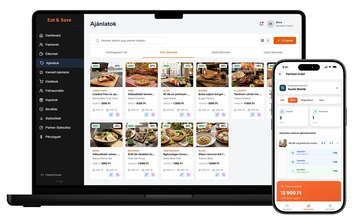 Eat&Save partner admin felület és mobil alkalmazás